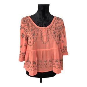 Free People Sheer Burnt Orange Embroidered Boho Romantic Babydoll‎ Top XS